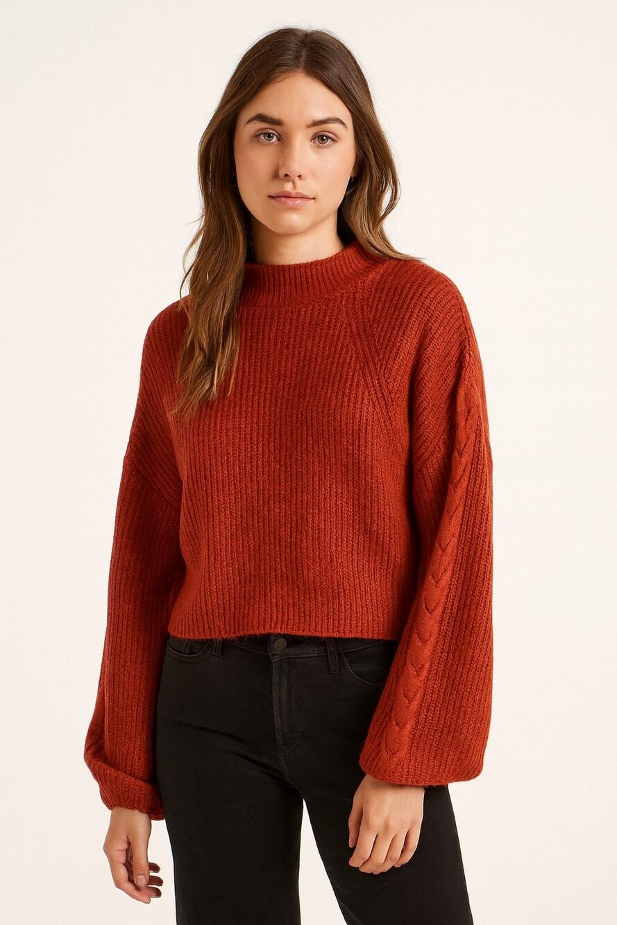 BP Women’s Red Pomegranate Cable Knit Cropped Balloon Sleeve Sweater Size L NWT